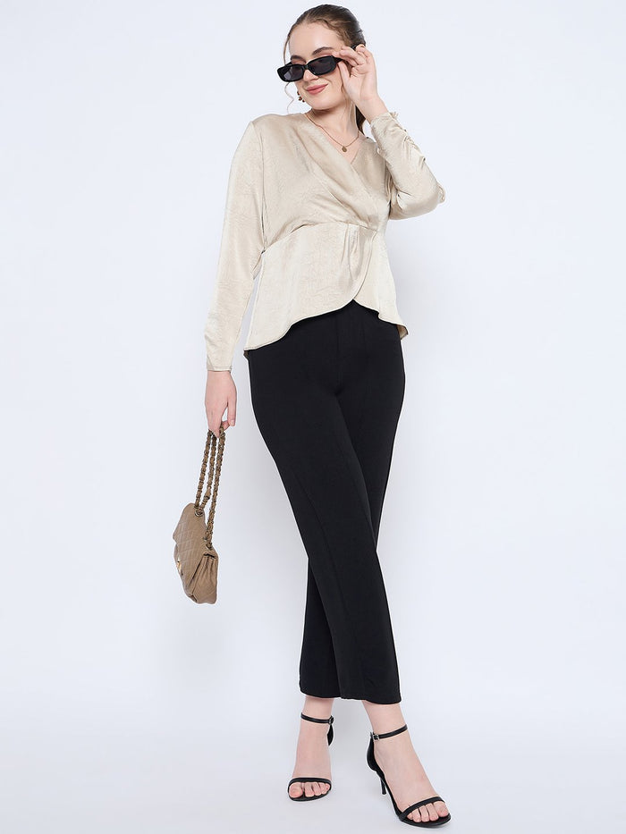 Madame Wrap Detailed V neck Full Sleeve Beige Peplum Top