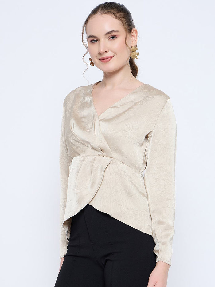 Madame Wrap Detailed V neck Full Sleeve Beige Peplum Top