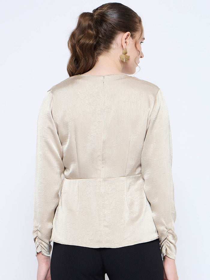 Madame Wrap Detailed V neck Full Sleeve Beige Peplum Top