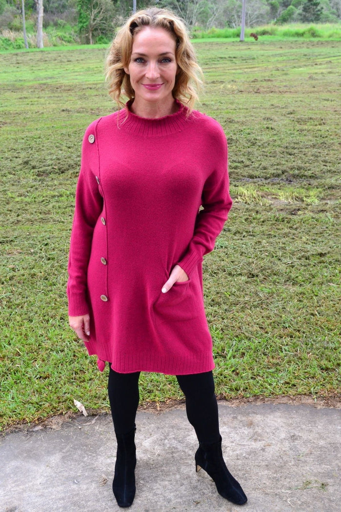 Magenta high neck cosy knit tunic jumper by Wishstone with long sleeves and ribbed hem, perfect for casual winter wear.