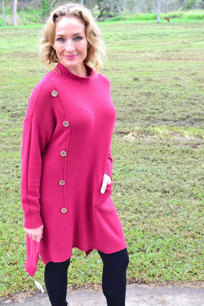 Magenta high neck cozy knit tunic jumper by Wishstone, featuring a soft, warm fabric and a stylish high neckline.