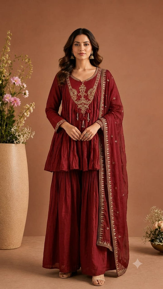 Maroon Embroidered Kurta Sharara Set with Dupatta