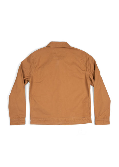 Brown jacket back view, long sleeves, flat on white background, highlighting simple design and casual style.