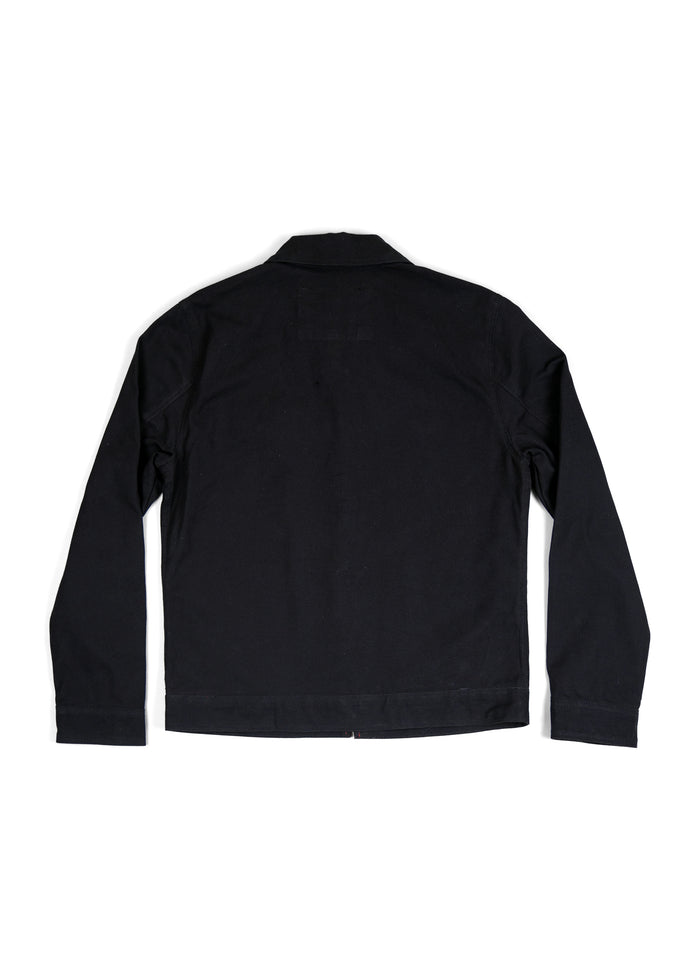 Black jacket shown from the back, featuring long sleeves and a simple collar, displayed on a white background.
