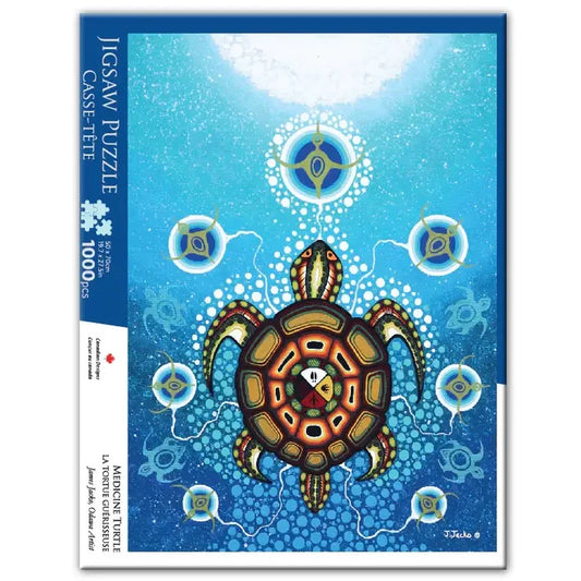 Medicine Turtle - 1000 Piece Jigsaw Puzzle box art featuring vibrant turtle design and indigenous symbols.