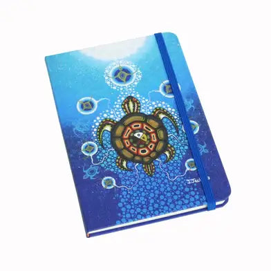Medicine Turtle Hardcover Journal featuring the sacred turtle symbol and vibrant blue design by James Jacko.