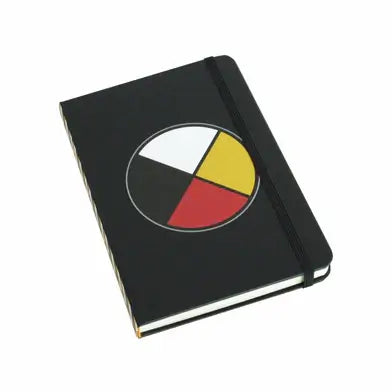 Medicine Wheel Hardcover Journal with a sleek black cover and symbolic circle design.