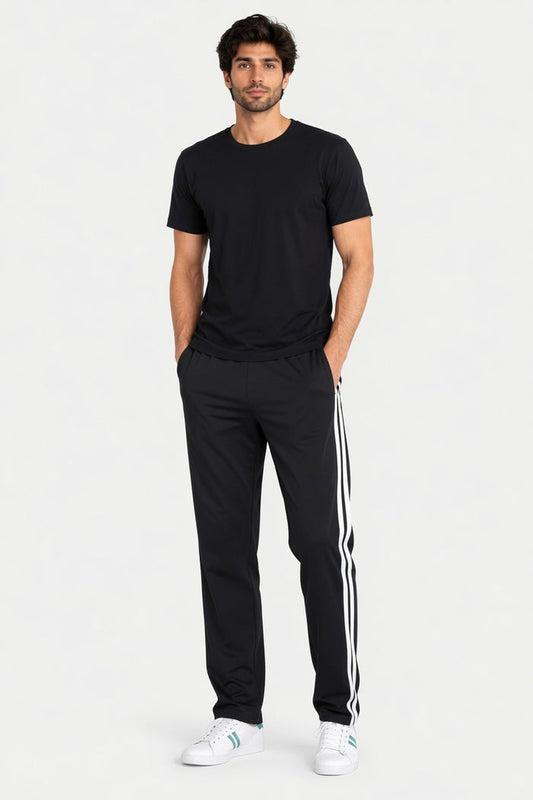 Men's Black Half Sleeve T-Shirt with Stripe Trouser Set