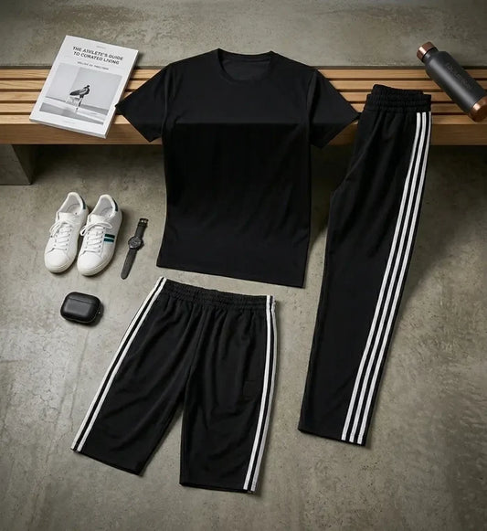 Men’s Black T-Shirt, Trouser & Shorts Set – 3 Piece - Hinz Clothing