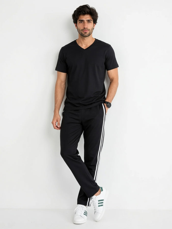 Men's Black  V-Neck T-Shirt with Stripe Track Trouser Set