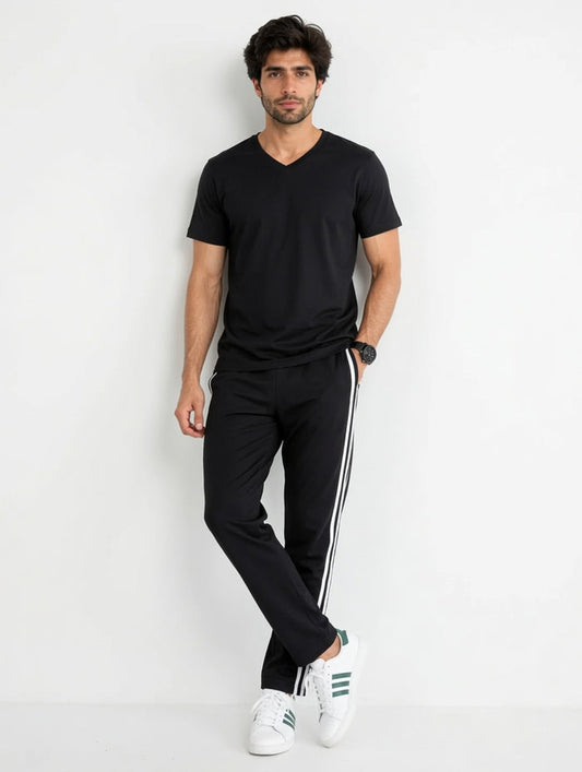 Men's Black  V-Neck T-Shirt with Stripe Track Trouser Set