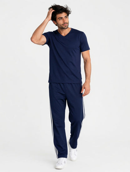 Men's Navy Blue V-Neck T-Shirt with Stripe Track Trouser Set - Hinz Clothing