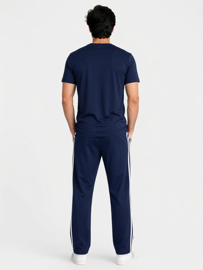 Men's Navy Blue V-Neck T-Shirt with Stripe Track Trouser Set - Hinz Clothing