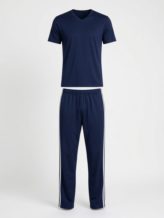Men's Navy Blue V-Neck T-Shirt with Stripe Track Trouser Set - Hinz Clothing