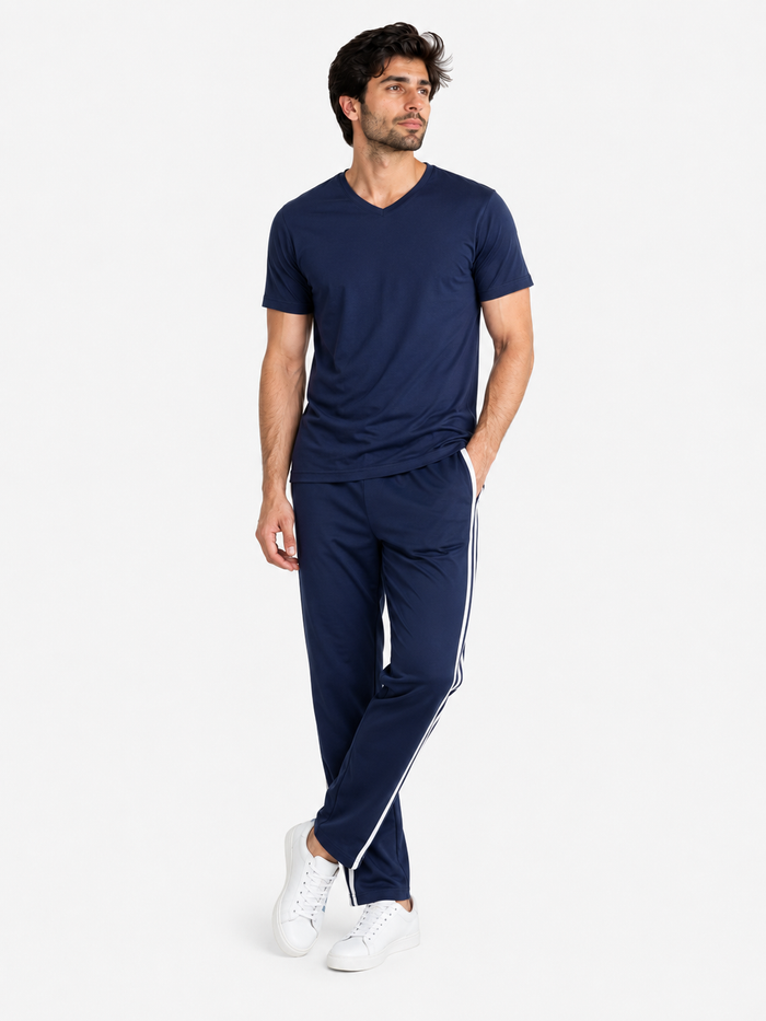 Men's Navy Blue V-Neck T-Shirt with Stripe Track Trouser Set - Hinz Clothing