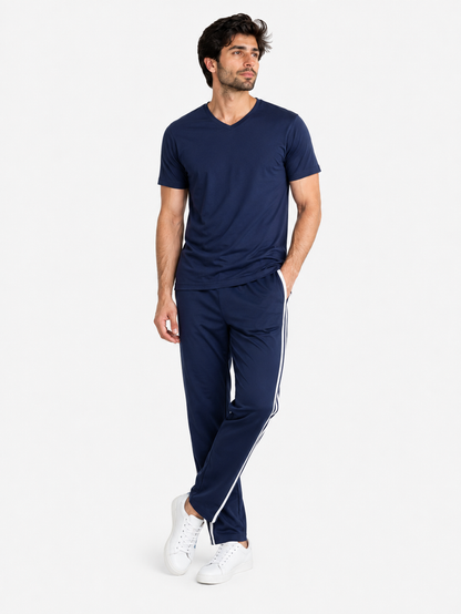 Men's Navy Blue V-Neck T-Shirt with Stripe Track Trouser Set - Hinz Clothing