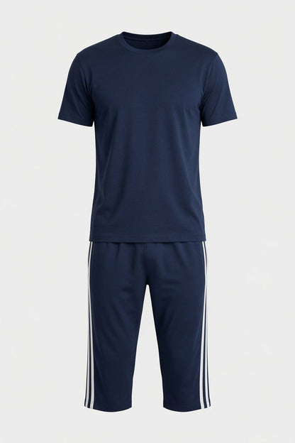 Men’s Navy Half Sleeve T-Shirt with Stripe Shorts Set - Hinz Clothing