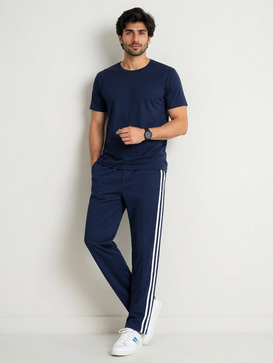 Men's Navy Half Sleeve T-Shirt with Stripe Trouser Set