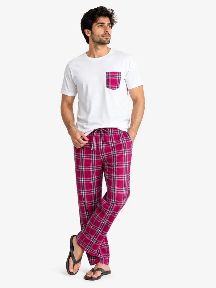 Men's White Pocket T-Shirt & Magenta Check Woven Cotton Trouser Set - Hinz Clothing