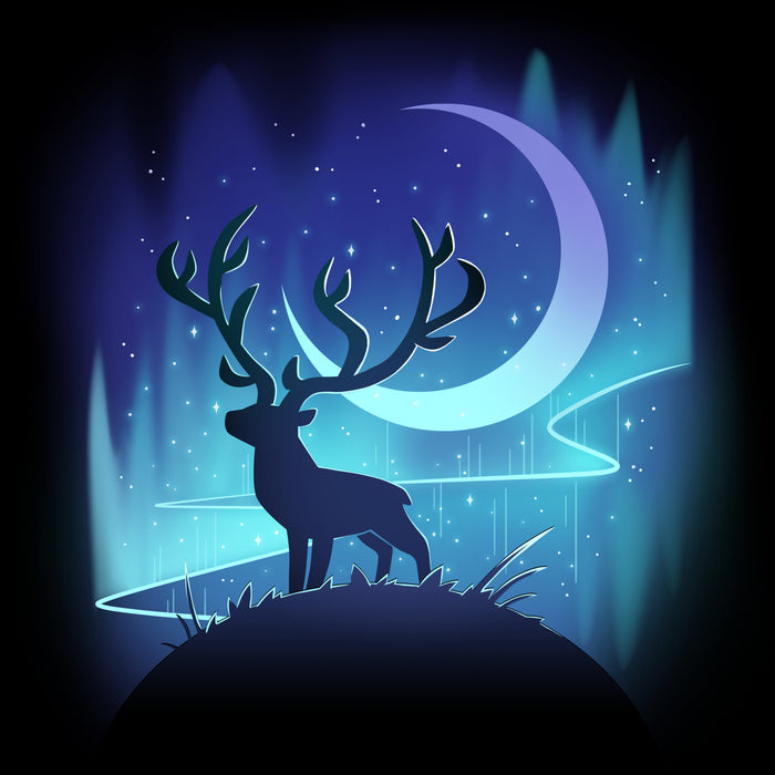 Premium Cotton T-shirt_TeeTurtle black Midnight Wanderer apparel featuring a stag on a hill with the crescent moon and aurora borealis in the background.