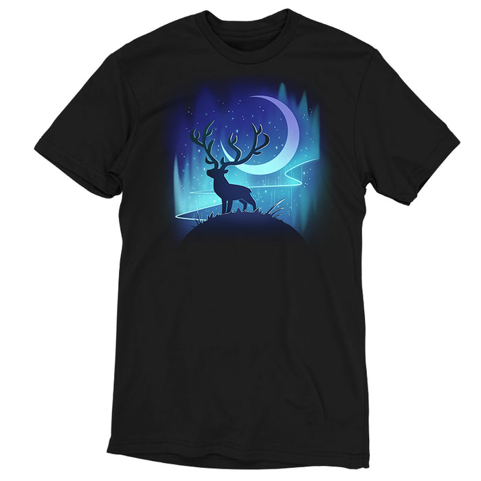 Premium Cotton T-shirt_TeeTurtle black Midnight Wanderer apparel featuring a stag on a hill with the crescent moon and aurora borealis in the background.