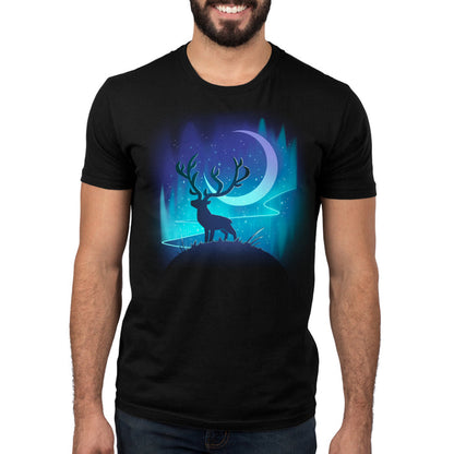 Premium Cotton T-shirt_TeeTurtle black Midnight Wanderer apparel featuring a stag on a hill with the crescent moon and aurora borealis in the background.