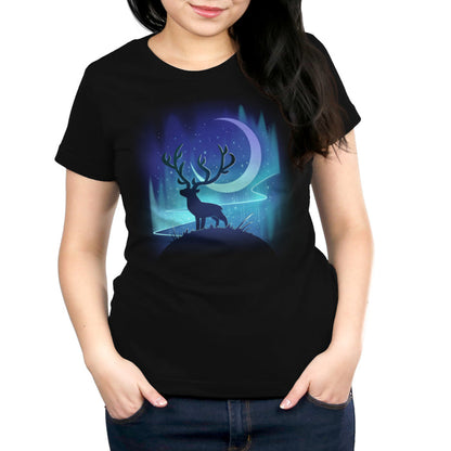Premium Cotton T-shirt_TeeTurtle black Midnight Wanderer apparel featuring a stag on a hill with the crescent moon and aurora borealis in the background.