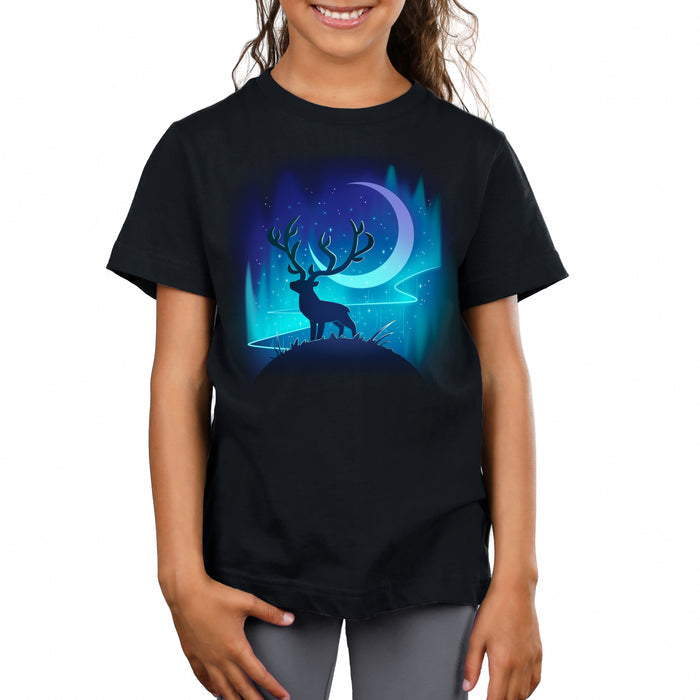 Premium Cotton T-shirt_TeeTurtle black Midnight Wanderer apparel featuring a stag on a hill with the crescent moon and aurora borealis in the background.