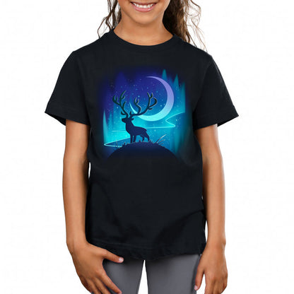 Premium Cotton T-shirt_TeeTurtle black Midnight Wanderer apparel featuring a stag on a hill with the crescent moon and aurora borealis in the background.
