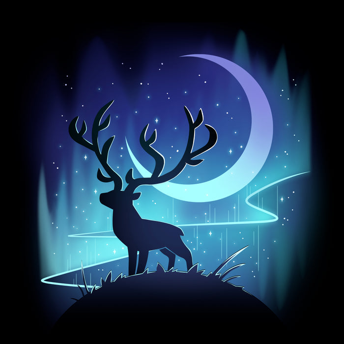 Classic Cotton T-shirt_TeeTurtle black Midnight Wanderer apparel featuring a stag on a hill with the crescent moon and aurora borealis in the background.
