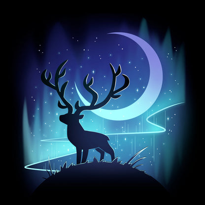 Classic Cotton T-shirt_TeeTurtle black Midnight Wanderer apparel featuring a stag on a hill with the crescent moon and aurora borealis in the background.