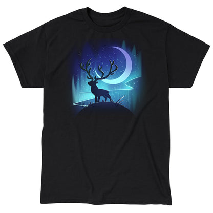 Classic Cotton T-shirt_TeeTurtle black Midnight Wanderer apparel featuring a stag on a hill with the crescent moon and aurora borealis in the background.
