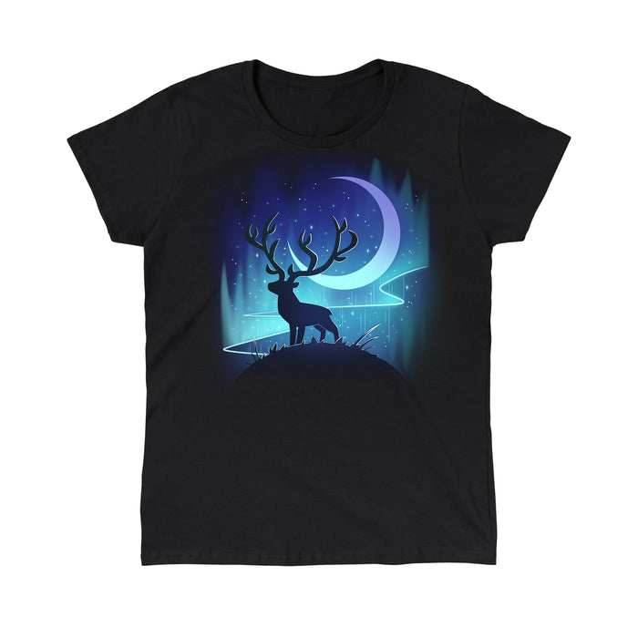 Classic Cotton T-shirt_TeeTurtle black Midnight Wanderer apparel featuring a stag on a hill with the crescent moon and aurora borealis in the background.