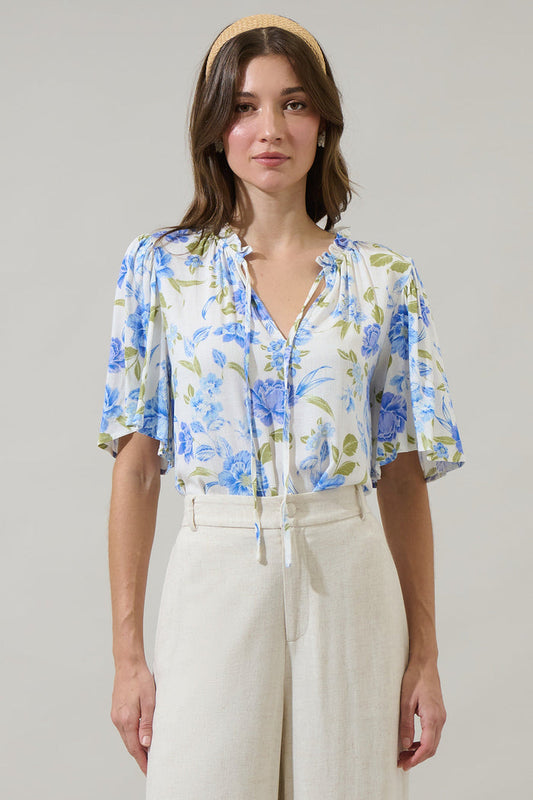 Milla Floral Ruffle Split Neck Dupont Top