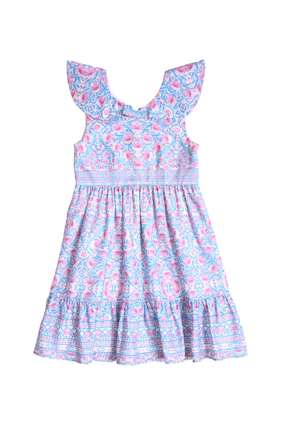 The Ivy City Co Mini Samara Dress in Thistle Flower Mosaic Florise features ruffled cap sleeves and a flared, tiered skirt in a pink and blue floral print—perfect for Mom and Me matching moments, shown on a white background.