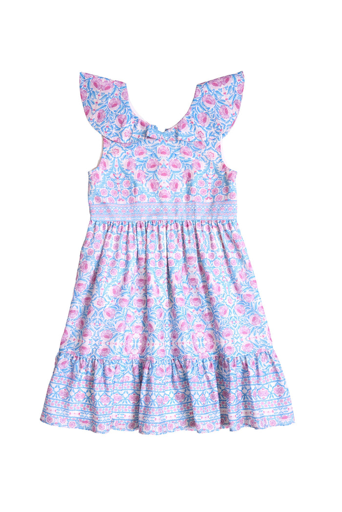 Sleeveless Mini Samara Dress in Thistle Flower Mosaic Florise by Ivy City Co, designed with ruffled shoulders and a blue, pink, and white floral pattern inspired by the signature Ivy City print. This girls’ dress features a gathered waist and is displayed on a white background—ideal for Mom and Me matching moments.