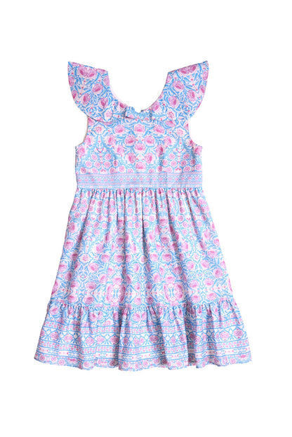 Sleeveless Mini Samara Dress in Thistle Flower Mosaic Florise by Ivy City Co, designed with ruffled shoulders and a blue, pink, and white floral pattern inspired by the signature Ivy City print. This girls’ dress features a gathered waist and is displayed on a white background—ideal for Mom and Me matching moments.
