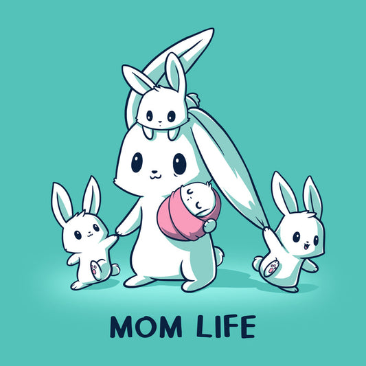 Premium Cotton T-shirt_TeeTurtle Mom Life caribbean blue apparel featuring a tired mom bunny surrounded by three little bunnies while she holds a sleeping baby bunny wrapped in a pink blanket.