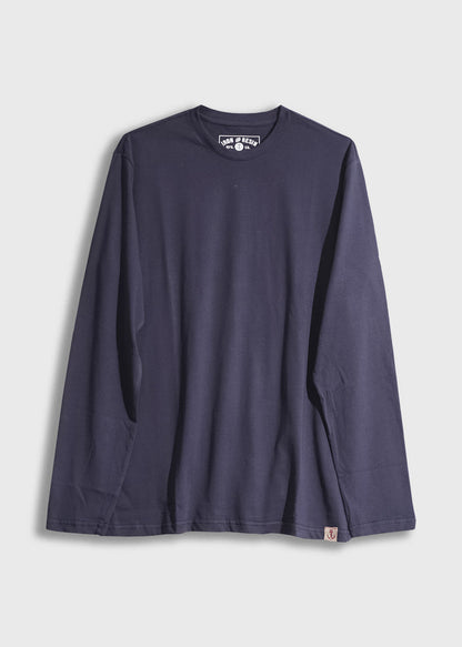 Navy blue long-sleeve shirt with a crew neck, displayed on a white background. Simple design, casual style.