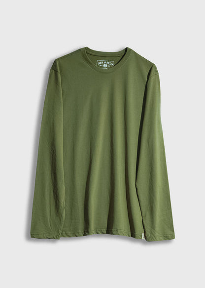 Green long-sleeve shirt with a round neckline, displayed on a white background. The label reads "Iron and Resin."