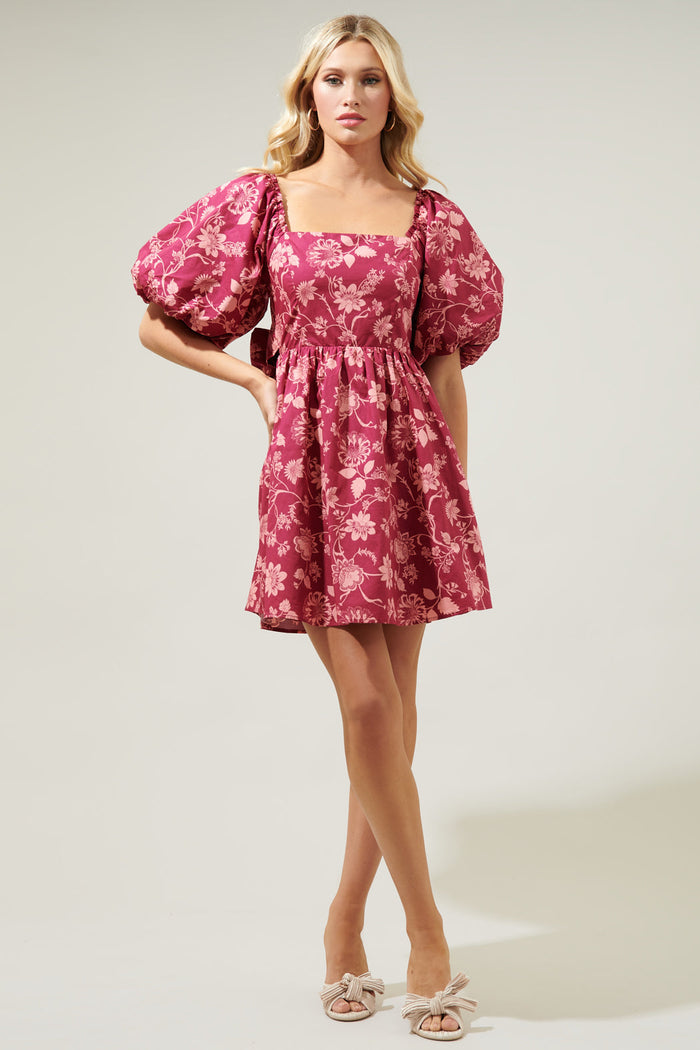 Mulberry Floral Marion Puff Sleeve Babydoll Mini Dress
