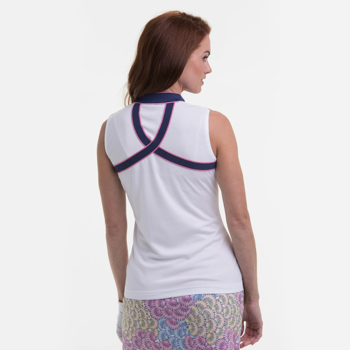 New EP NY Split Zip Mock Polo - White Multi Size L MSP$80