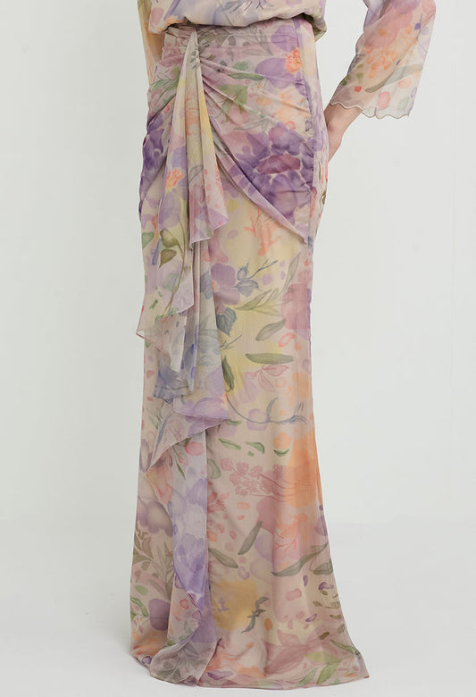 nichii x NURITA HARITH Serene Floral Soft Cascade Ruching Maxi Skirt