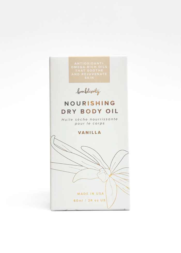 Vanilla scented nourishing dry body oil packaging
