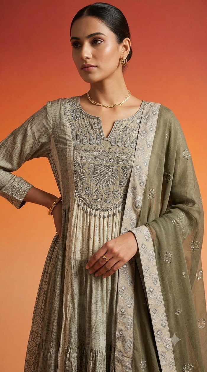 Olive Elegance Embroidered Anarkali Gown