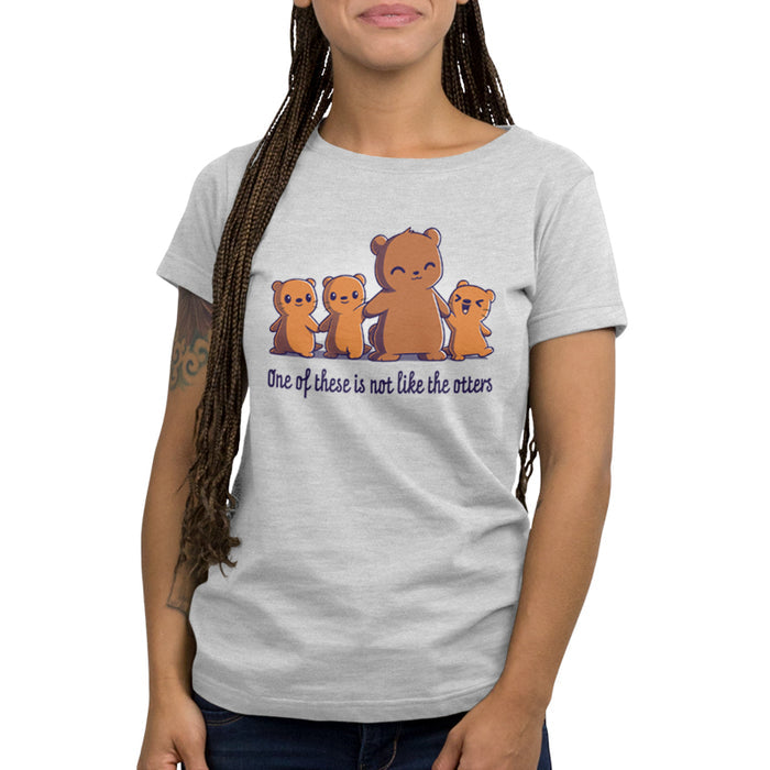 Premium Cotton T-shirt_TeeTurtle One of These is Not Like the Otters silver gray t-shirt featuring three small brown otters and one larger brown bear smiling and standing side by side holding hands with two otters, with the caption "One of these is not like the otters" in cute kawaii script.