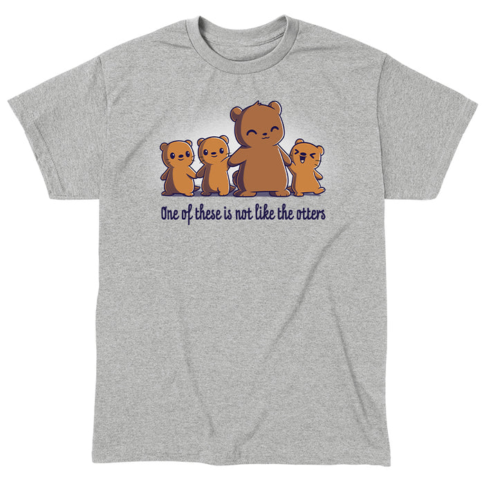 Classic Cotton T-shirt_TeeTurtle One of These is Not Like the Otters heather gray t-shirt featuring three small brown otters and one larger brown bear smiling and standing side by side holding hands with two otters, with the caption "One of these is not like the otters" in cute kawaii script.