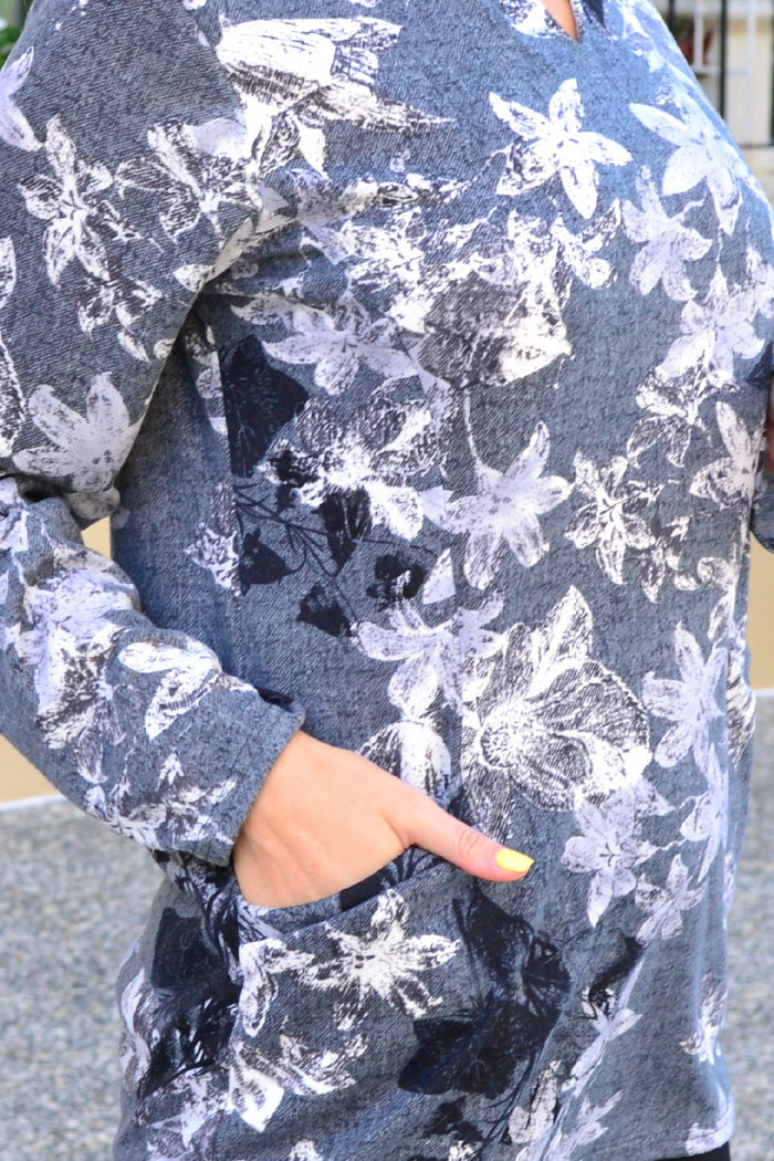 Orchid Flower fleece peep hole tunic top by I Love Tunics, featuring floral pattern, cozy fleece fabric, and stylish peep hole details.