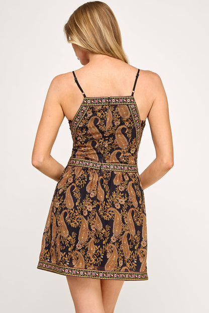 Paisley Mini Dress - Floral Tape Chiffon V Neck