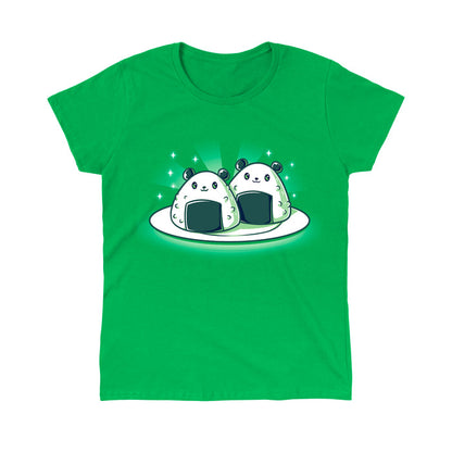 Classic Cotton T-shirt_Teeturtle Panda Onigiri Irish green t-shirt featuring a pair of cute, cartoon-styled Panda-shaped Onigiri on a plate.